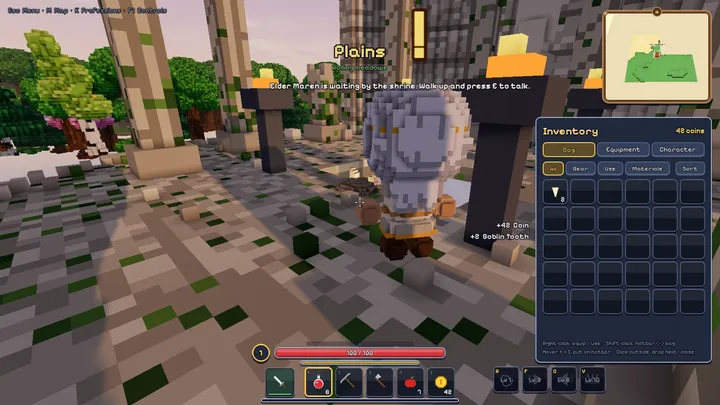 The inventory, open beside the game