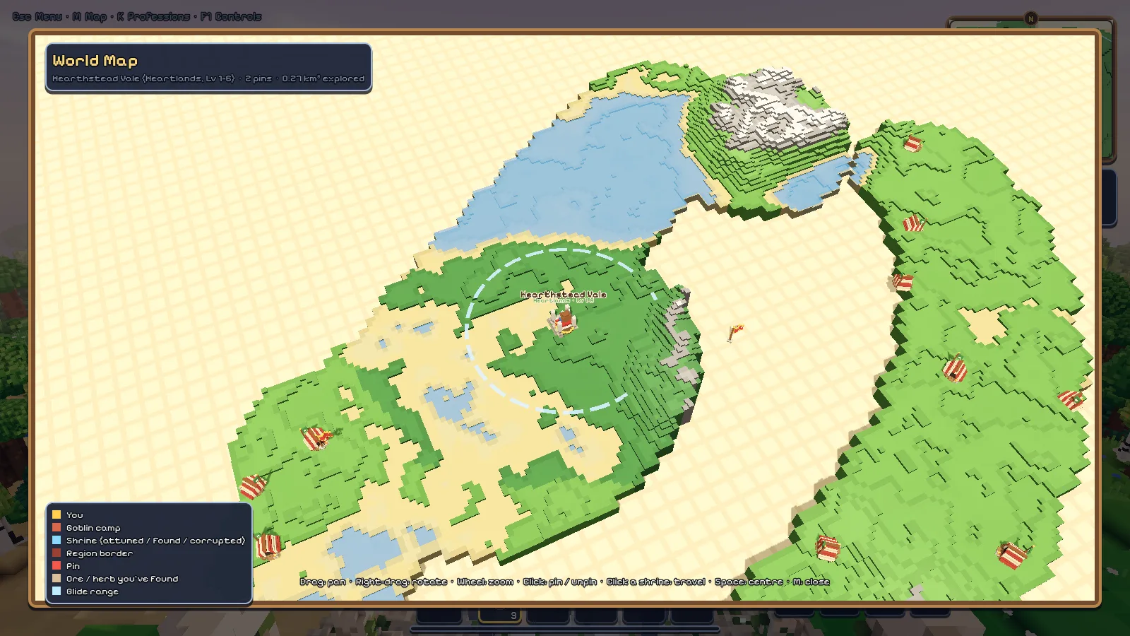 The tabletop world map showing terraced land, a lake and game pieces