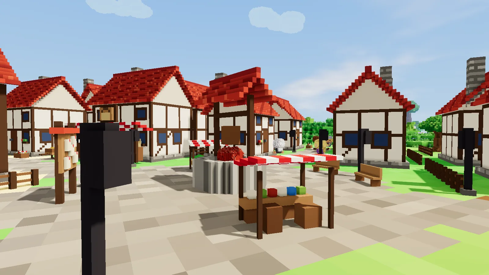 Market stalls on the square of a timber-framed town