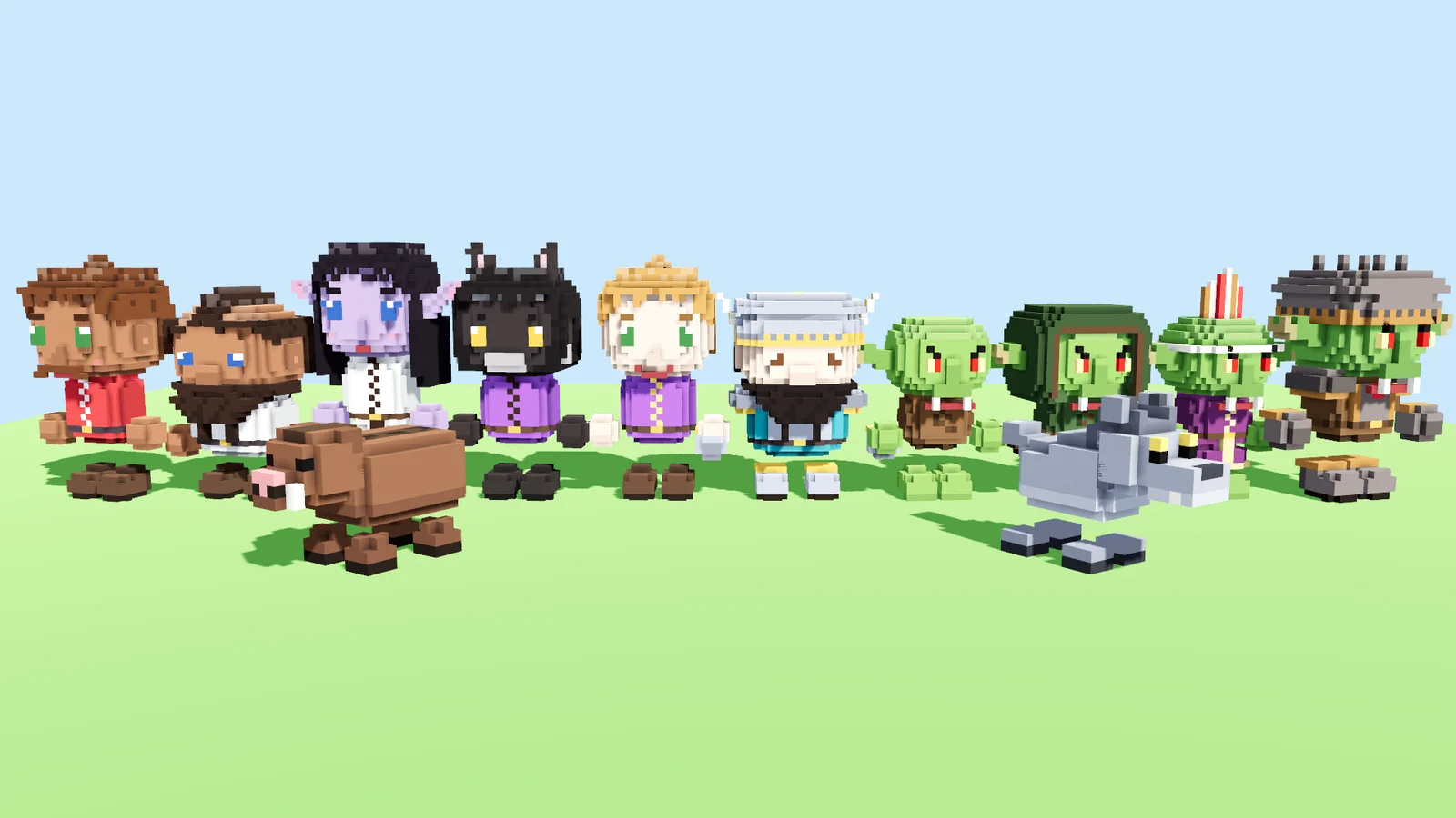 A line-up of human, dwarf, elf and beastfolk heroes beside goblins of each role