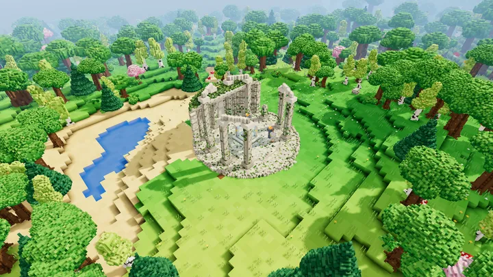 The temple in its forest clearing, seen from above