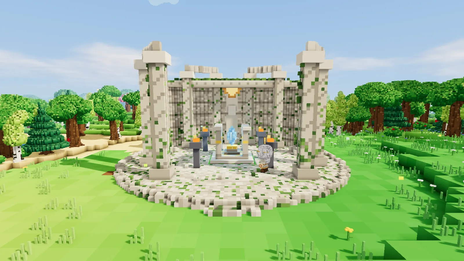 The ruined Temple of the Dawn with the first shrine glowing inside