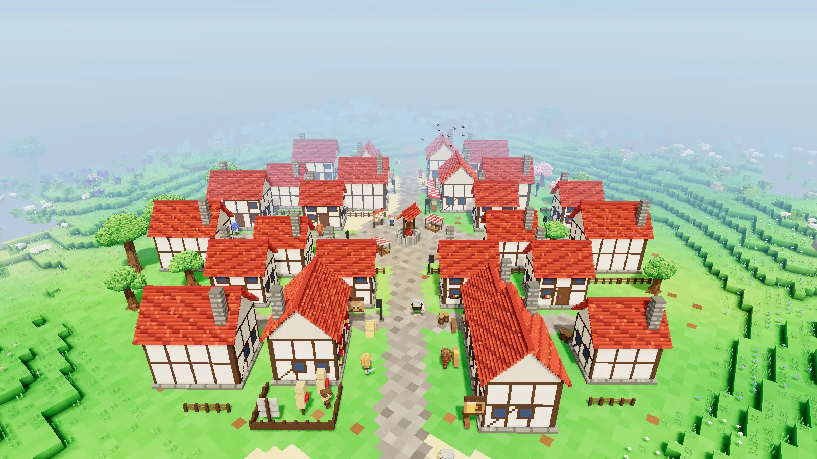 Hearthstead from above: timber-framed houses with red roofs along stone streets